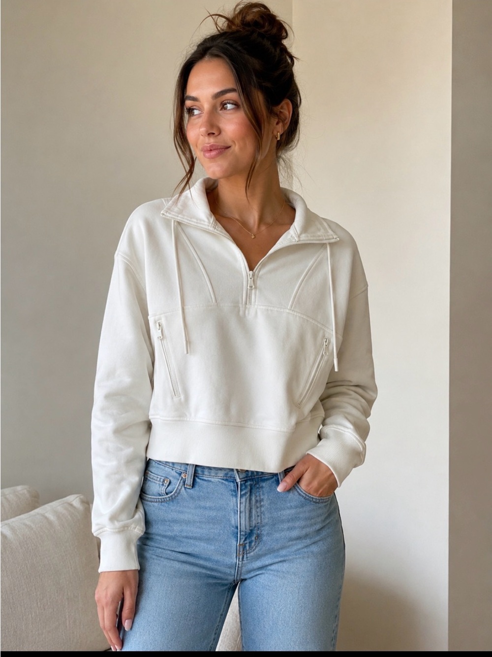 Old Navy Off-White Half‑Zip Cropped Sweatshirt